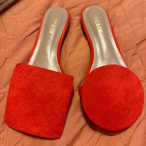 NIB Red faux suede asymmetrical slide sandals sz 8. Super cute.